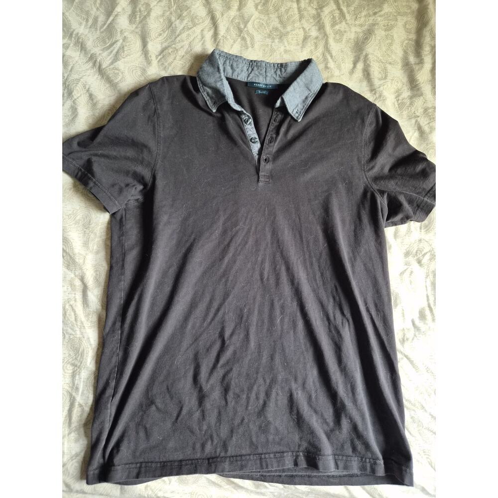 Mens Size Large Slim Fit Perry Ellis Black Cotton Polo Shirt With Unique Collar